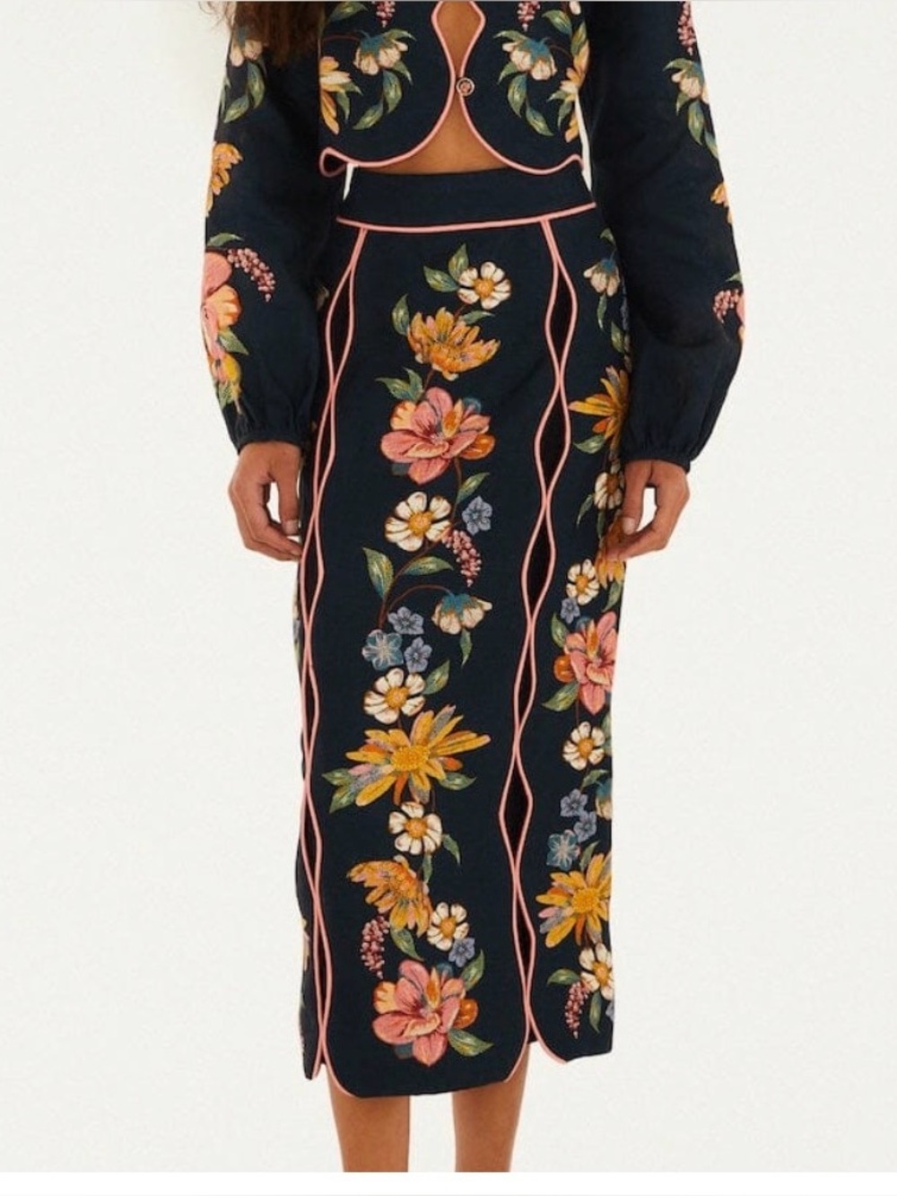 Farm Rio Beautiful Dark Blue Maira Floral Midi Skirt